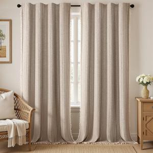 Brown Boho Blackout Curtains 96 Inches Long Linen Blend 2 Panels with Tassels and Cotton Embroidery, Farmhouse Vintage Rustic Rod Pocket Drapes for Living Room or Bedroom