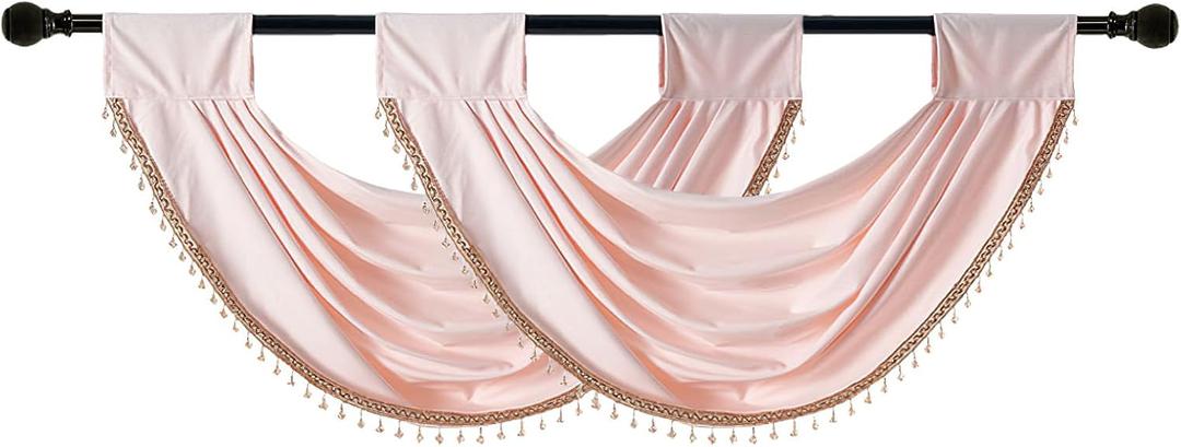 Waterfall Valance Curtains Pink Swag for Windows 2 Pack Decorative Beads Trims Small Window Treatments for Kitchen Living Room