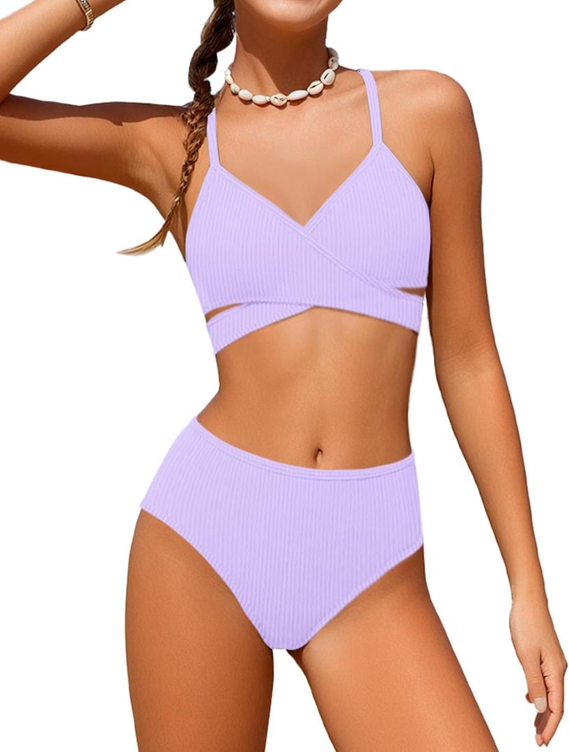 Doumlop Girls Swimsuit Bikini Set,Criss Cross Bathing Suits for Girl Two Piece Solid Color Girls' Swimwear for 15-16 Years