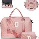 Birthday Gifts for Women-Duffle Bag with Shoe Compartment, Personalized Weekender Bag, Overnight Bag for Women with Trolley Sleeve & Wet Pocket, Letter Travel Bag with Makeup Bag (Letter D) (Pink)