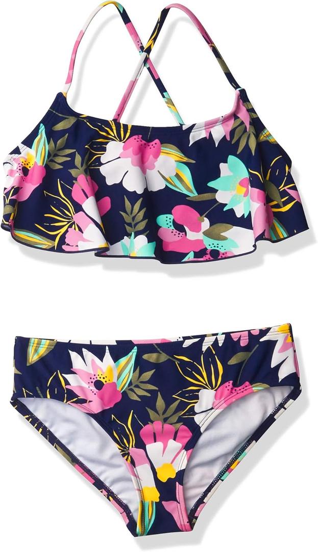 Kanu Surf Girls' Karlie Flounce Bikini Beach Sport 2 Piece Swimsuit (10, Tropical Dance Navy)