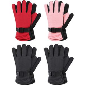 Hicarer 4 Pairs Winter Gloves for Kids Waterproof Snow Ski Gloves Girls Boys Warm Unisex Youth Clothes for Cold Weather (6 - 12 Years, Red, Pink, Black)