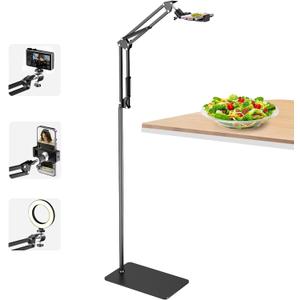 Floor Overhead Phone Mount, Phone Tripod Stand for Video Recording, Arm Holder Compatible with iPhone Camera with 1/4Screw for Filming, Food Photograhy, Live Content Creation