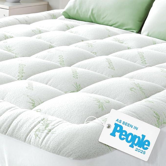 Bamboo Mattress Topper Double/Full Size - Thick Cooling Breathable Pillow Top Mattress Pad for Back Pain Relief - Deep Pocket Topper Fits 8-20 Inches (54x75 Inches, Green)