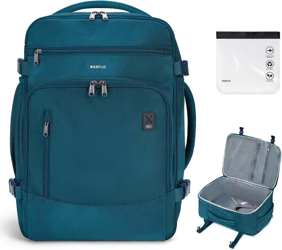 ECOHUB Travel Backpack for Women, 18x14x8 Spirit Airlines Personal Item Bag with Clear Toiletry Bag, Laptop Carry on Backpack with USB Port, Airline Approved Under Seat 14 Pockets, Blue Green