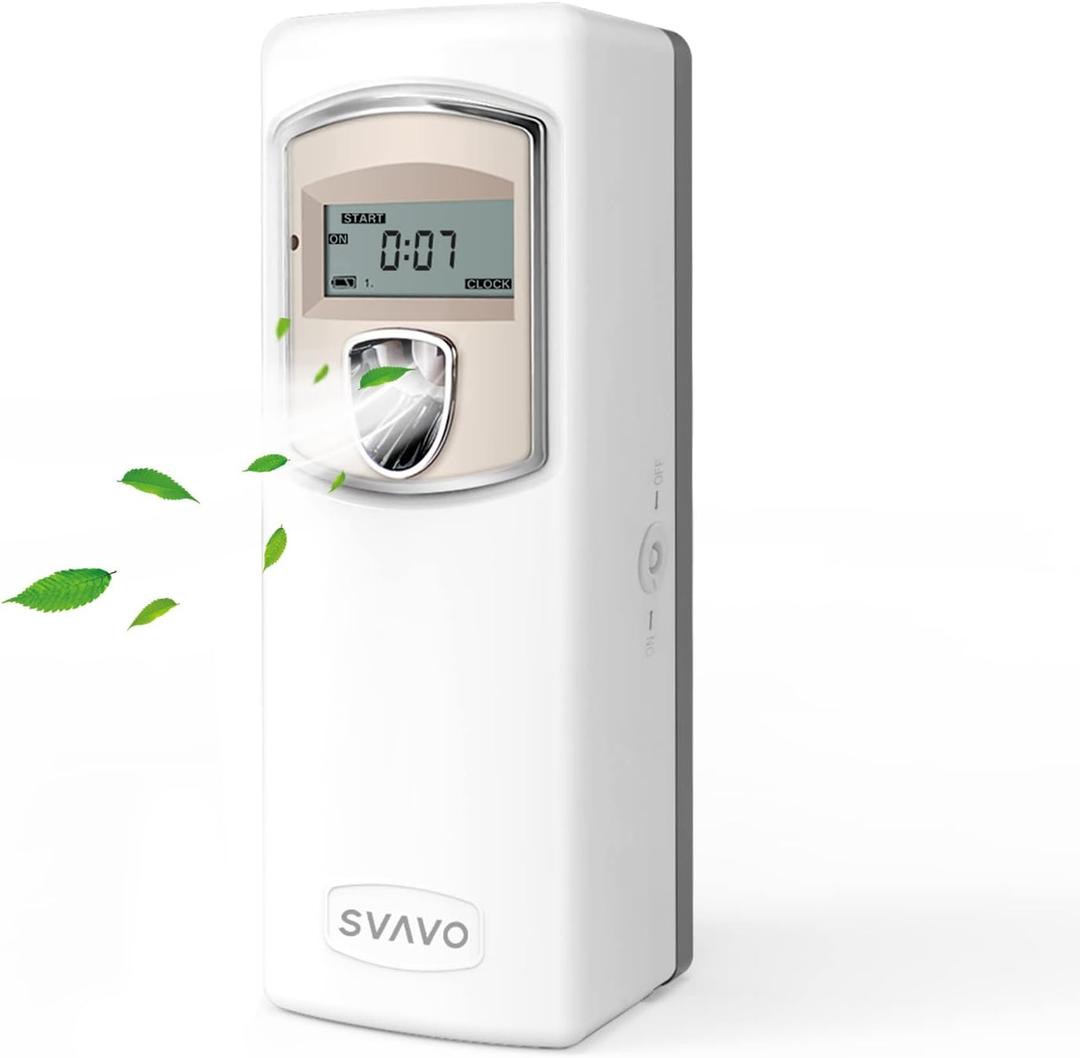 SVAVO Automatic LCD Fragrance Dispenser - Wall Mount/Free Standing ABS Auto Air Freshener Dispenser Programmable Aerosol Spray Perfume Dispenser for Bathroom, Hotel, Office, Commercial Place, White (1 Count (Pack of 1))