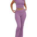ANRABESS Lounge Sets for Women 2 Piece Foldover Yoga Flare Leggings Pants Crop Tops Casual Y2K Outfits Matching Tracksuit Set Nutmeg X-Small Purple