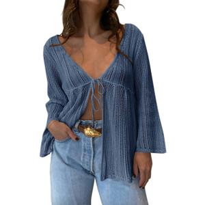 Saodimallsu Womens Summer Lightweight Tie Front Cardigans Crochet Knit Long Bell Sleeve Casual V Neck Beach Cover Ups (Large, Bluish Gray)