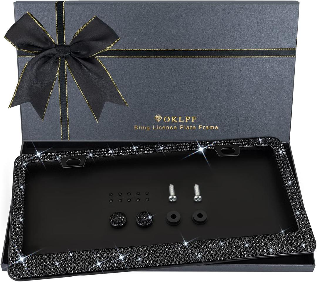 Bling License Plate Frame for Women, 1PCS Sparkly License Plate Frames| Over 1200 pcs 14 Facets Bedazzled Clear Glass Diamond Rhinestone Crystals w/Free Glitter Diamond Box (Black)