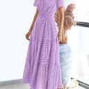 PRETTYGARDEN Womens 2026 Summer Maxi Dress Short Sleeve V Neck Hollow Out Eyelet A Line Long Flowy Beach Vacation Dresses (Purple, L)