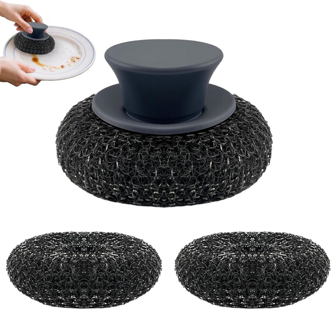 Stainless Steel Wool Scrubber with Rubber Handle & 2 Pads for Cleaning Dishes, Kitchen Pots, Pans, Grills (Grey)