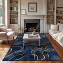 5x7 Area Rug Blue Gold Modern Rug for Living Room Indoor Machine Washable Abstract Rugs for Bedroom Ultra Soft Dining Room Large Carpet Non-Slip Non-Shedding Throw Rug for Home Office Kids Playroom