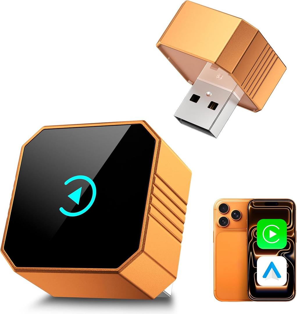 2026 Upgraded Wireless CarPlay Adapter for iPhoneAndroid, Car Play Mini Wired to Wireless Adapter for CarPlay Android Auto 2 in 1 Plug and Play Stable Connection (Orange)