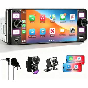 DINRGO Single Din Car Stereo - 6.5" Car Radio with Wireless Apple CarPlay Android Auto,Touchscreen Radio Bluetooth 5.2 Support Mirror Link,Backup Camera GPS USB & Type-C Fast Charging FM EQ MIC