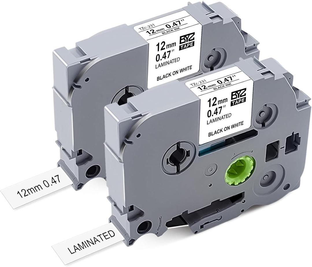 TZe-231 Replace for Brother P Touch Label Maker Tape 12mm 0.47 Laminated WhiteTze-2312pk Black Ink on White Tape for PT-H103w H110 D210 D220 D400 1180 1280 1890 2040,8m 26.2ft