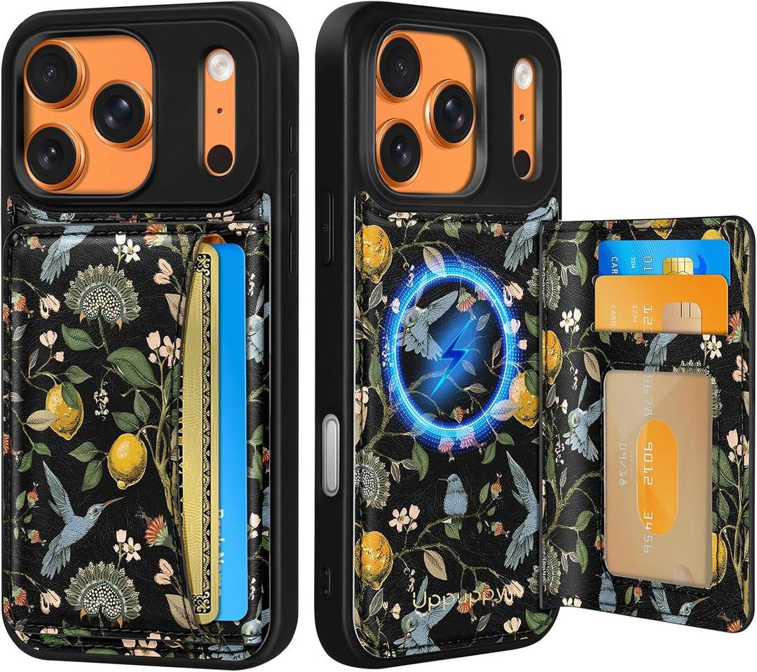 Uppuppy for iPhone 17 Pro Case with Wallet - Fits 4 Card Slots, Compatible with MagSafe for Women Aesthetic Durable PU Leather Credit Card Holder Kickstand Phone Cover for Apple 17 Pro, Lemon Bird
