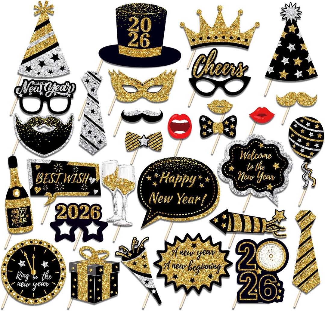 30Pcs New Year's Eve Photo Booth Props with Stick, 2026 NYE Theme Selfie Props, NY Party Supplies, Photography Backdrop Decorations Kit
