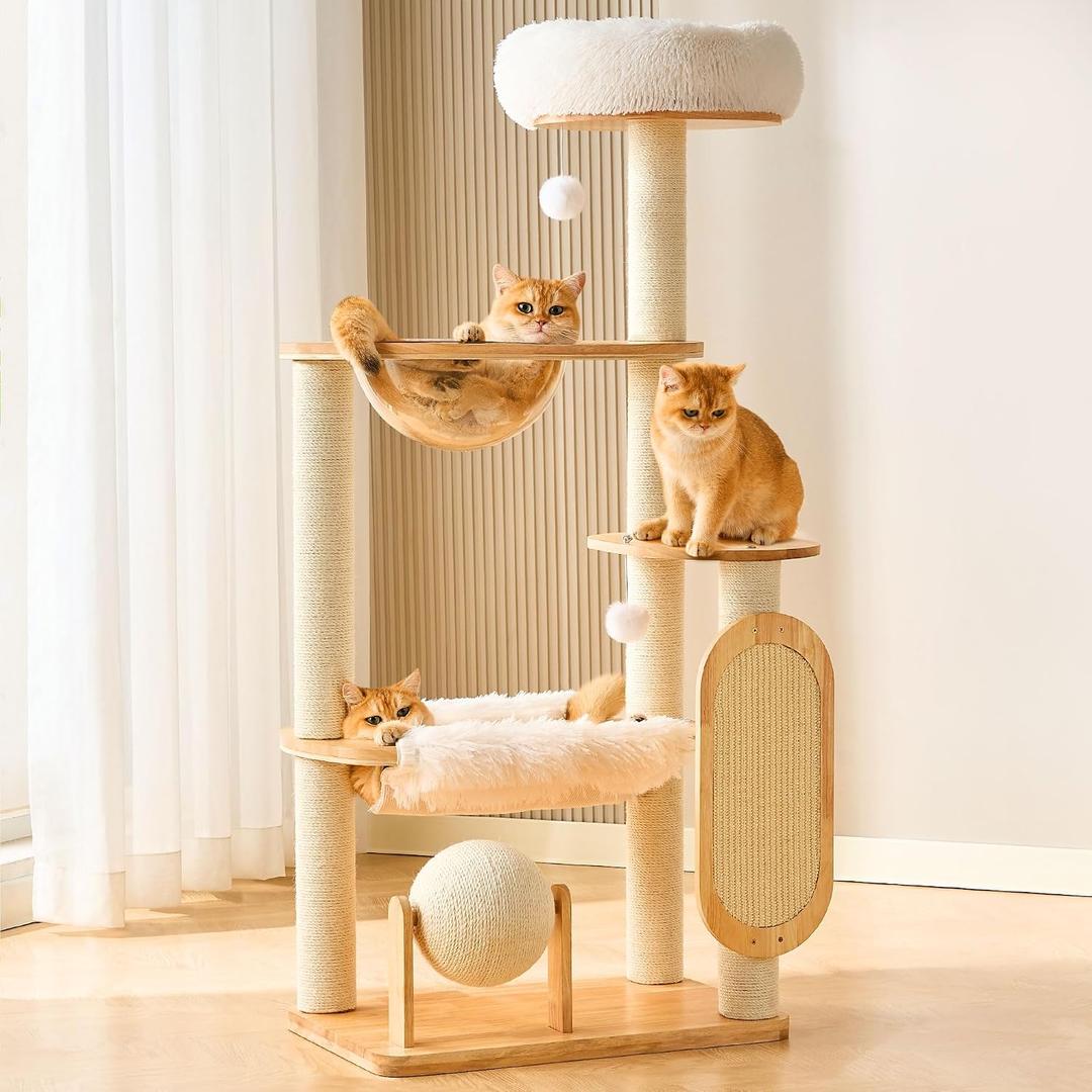 HITTITE Solid Wood Cat Tree Tower with Scratching Post, 53 Inches Tall Cat Towers with Scratching Board and Scratcher Ball, Modern Cat Tower with Space Capsule and Removable Top Bed for Indoor Cats