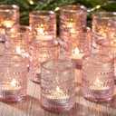 24 Pack Clear Glass Votive Candle Holders, Vintage Candle Holder for Floating Candle, Tealight Candle Holder for Table Centerpieces Home Bridal Shower Birthday Christmas Table Decoration (Pink)