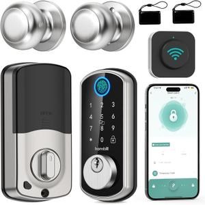 WiFi Keyless Entry Door Lock with Handle : Hornbill Silver Smart Front Door Lock,Front Door Handle Set,Smart Door Knob, Electronic Keypad Deadbolt Set with Alexa Auto Lock for Home