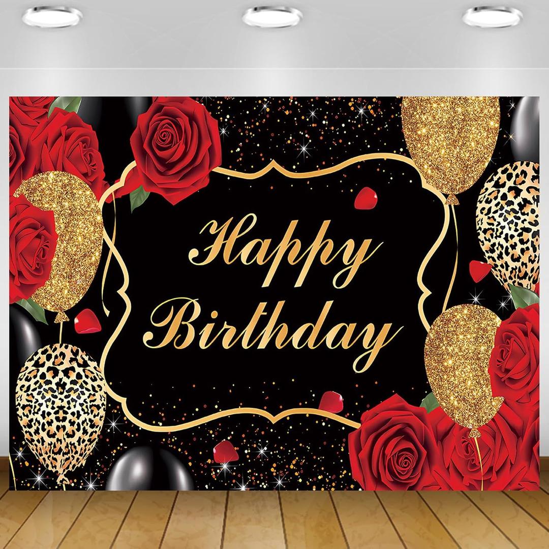 7x5Ft Red Rose Birthday Backdrops for Women Glitter Gold Balloons Black Gold Happy Birthday Photography Background Sweet Birthday Party Decor Supplies (S1)