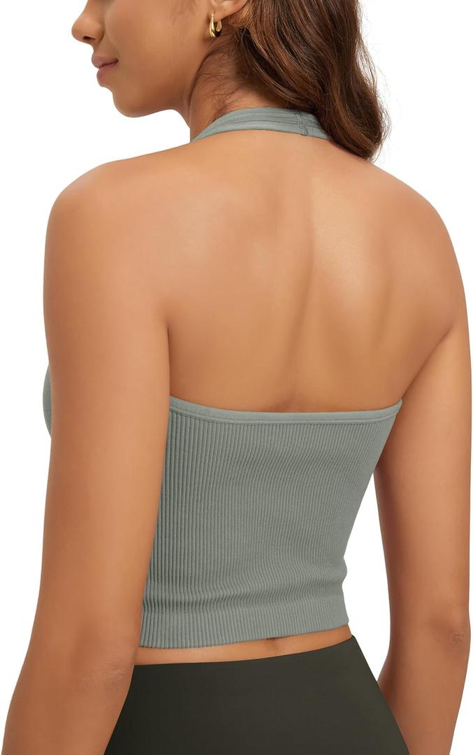 ODODOS Seamless Halter Crop Tops for Women Ribbed Soft V Neck Open Back Cropped Tank Top, 1-Pack, Green Milieu, Medium-Large (Gray, M)