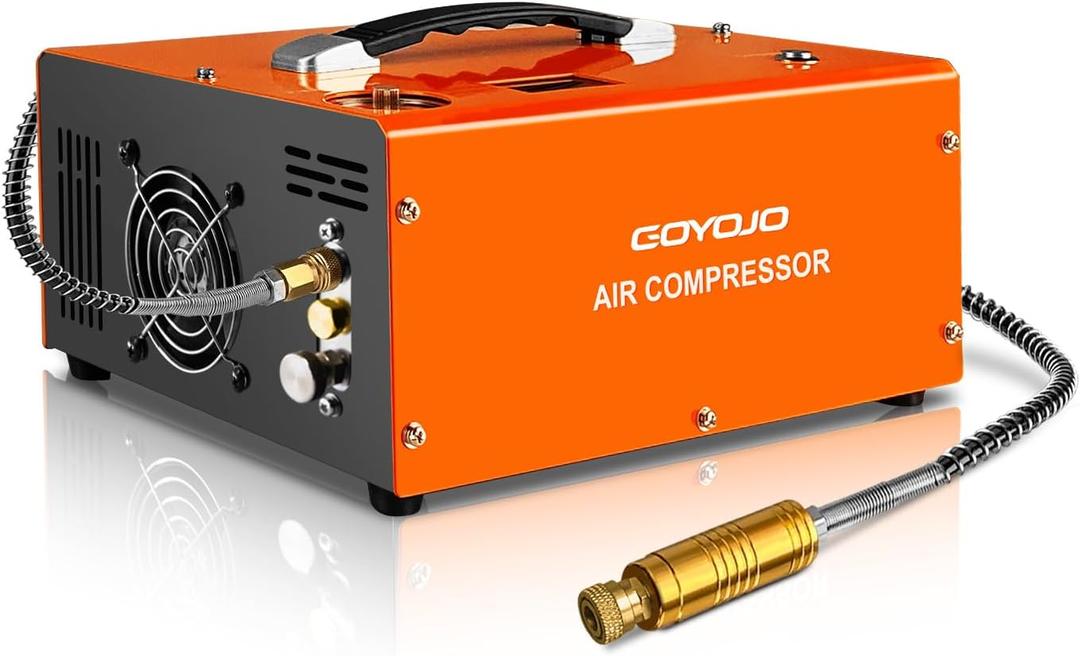 GOYOJO PCP Air Compressor, Max 4500 PSI / 300 Bar, Fast Fill for Airguns or Paintball Tank, Auto Shut-Off, Dual Power Car 12V DC or Home 120V AC, Built-in Cooling Fan, 300W Portable Pcp Pump