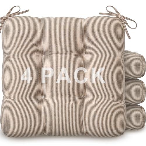 Geetery Khaki and White 4 Pack Ticking Stripe Chair Cushions with Ties, 16"x15" Reversible Indoor Chair Pads for Dining Chairs, Soft Kitchen Seat Cushions for Home Office Living Room