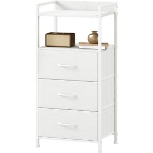 Somdot Nightstand with 3 Drawers, Dresser with Fabric Bins for Bedroom, Hallway, Entryway, Night Stand Bedside Table Furniture, Sturdy Steel Frame, Wooden Top, Easy Pull Fabric Bins, White Leather