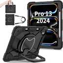 Protective Case for iPad Pro 13 inch 2024 M4(Model:A2926/A3007),Heavy Duty Full Body Shockproof Cover with 360Rotating Kickstand,Pencil Holder for Kids,Hand Grip/Shoulder Strap,Black