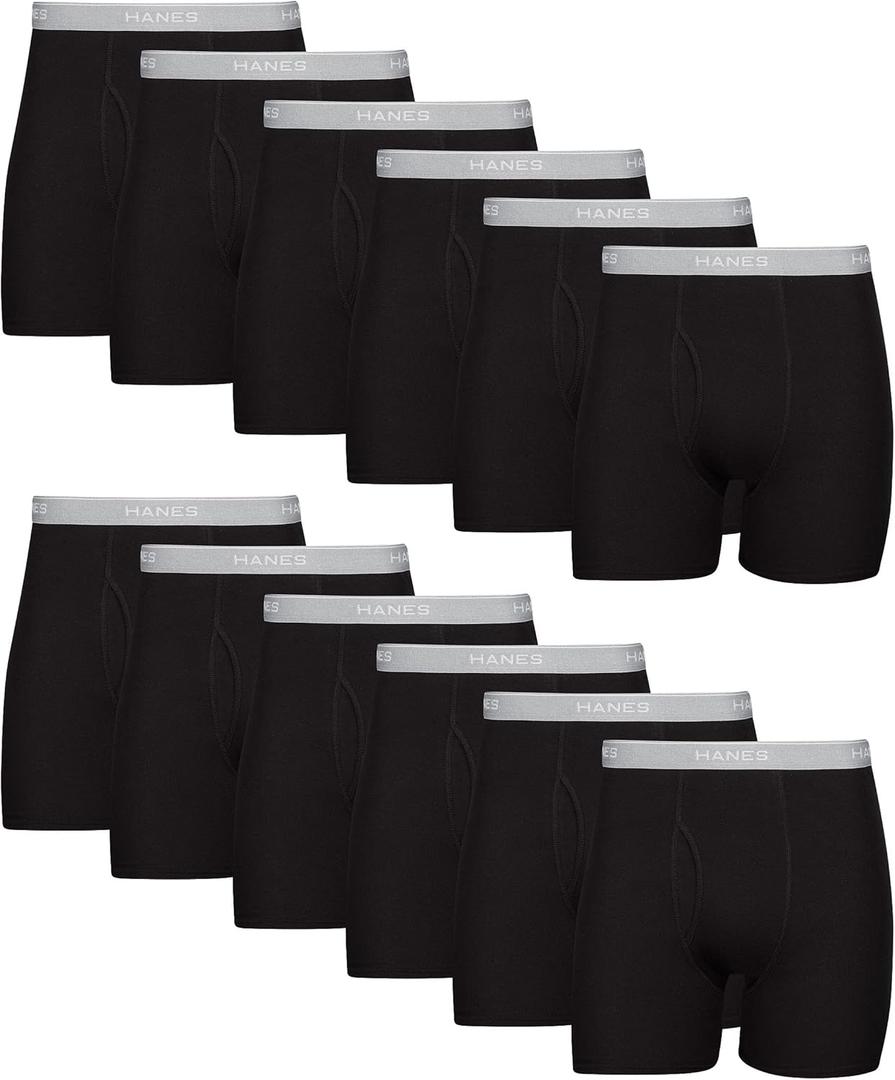 Hanes Men's Underwear Boxer Briefs Pack, Cool & Breathable Cotton Moisture-Wicking Underwear for Men, No Ride Up (Black - 12 Pack)