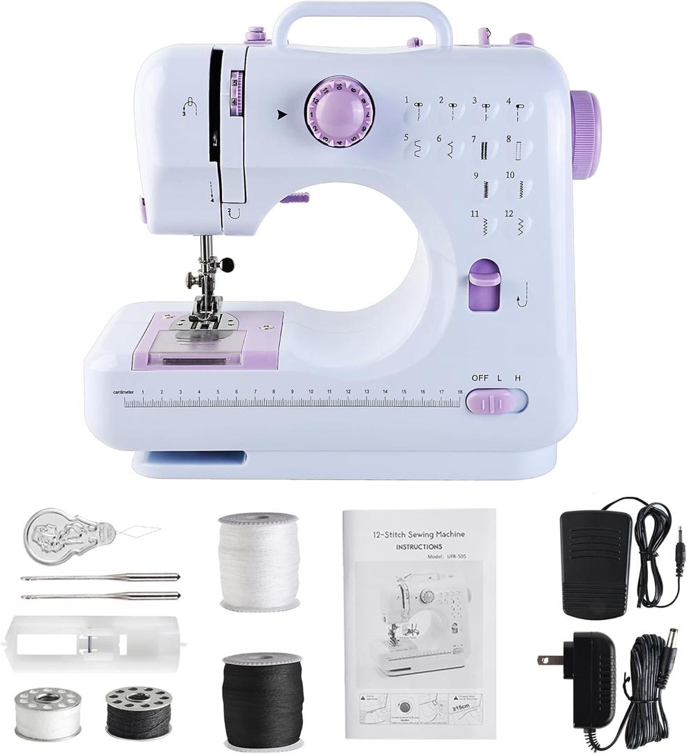 Sewing Machine for Beginners & Kids, Mini Portable Sewing Machines with 12 Built-in Stitch Patterns, 2-Speed Foot Pedal, Perfect for Teaching Daughter Granddaughter to Sew(with Basic Sewing Kit)