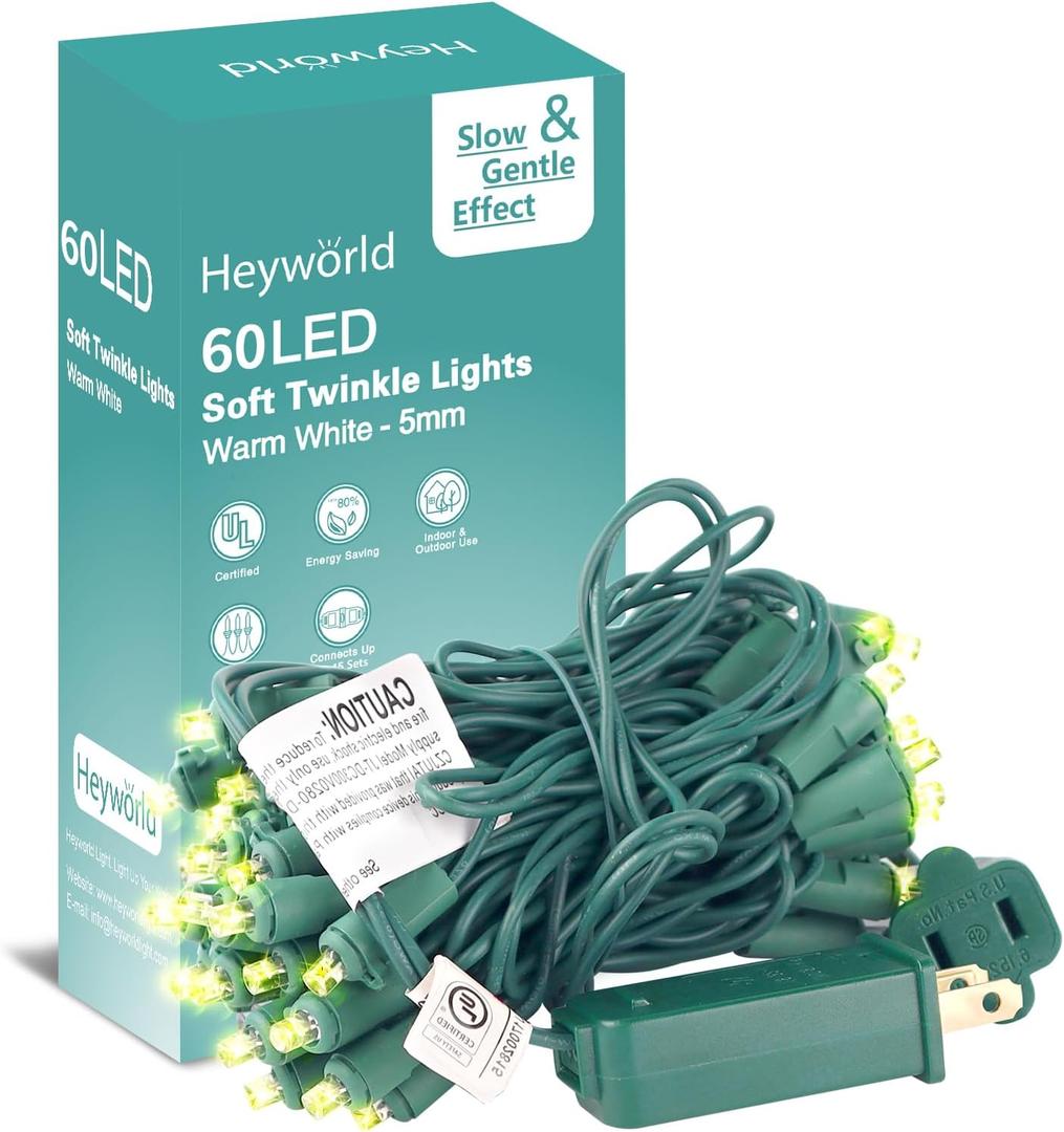 Heyworld Slow Twinkle Christmas Lights, 60 LED 17ft UL Certified Soft String Lights, 5mm Waterproof Fairy Glow for Indoor/Outdoor Christmas, Wedding, Garden Decor (Warm White)