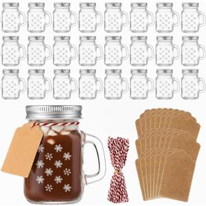 Mimorou 24 Pack 4oz Christmas Mini Mason Jars Snowflake Mini Mason Jar Mugs with Handle Drinking Glasses Cups with Lids Wooden Spoons, Kraft Tags for Christmas Party Favors, Gifts, DIY Treats