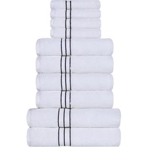 SUPERIOR Hotel Turkish Cotton 10 Piece Towel Set, Ultra Plush Spa Quality Heavyweight Essentials for Bathroom, Thick Absorbent and Soft, Dobby Border, Includes 2 Bath 4 Hand 4 Washcloths, Navy Blue
