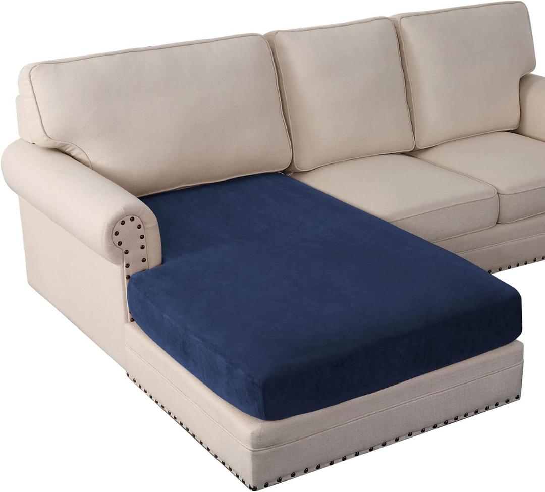 PrinceDeco Sectional Couch Covers Velvet Couch Cover for Dogs Washable L Shaped Couch Cover 1 Piece Individual Sectional Couch Covers with Elastic Bottom(Chaise Lounge,Navy)