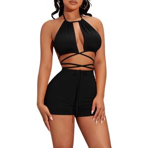 SOLY HUX Women's Sexy 2 Piece Outfits Criss Cross Halter Tie Back Crop Top and Biker Shorts Set, Size: S