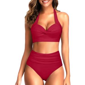Tempt Me Women Two Piece Vintage Swimsuit Retro Halter Ruched High Waist Bikini with Bottom (Large, Red)