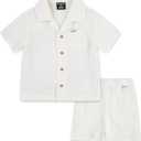 Baby and Toddler Boys' Short Sleeve Button Up Shirt and Shorts 2-Piece Outfit Set (Marshmallow) 2T