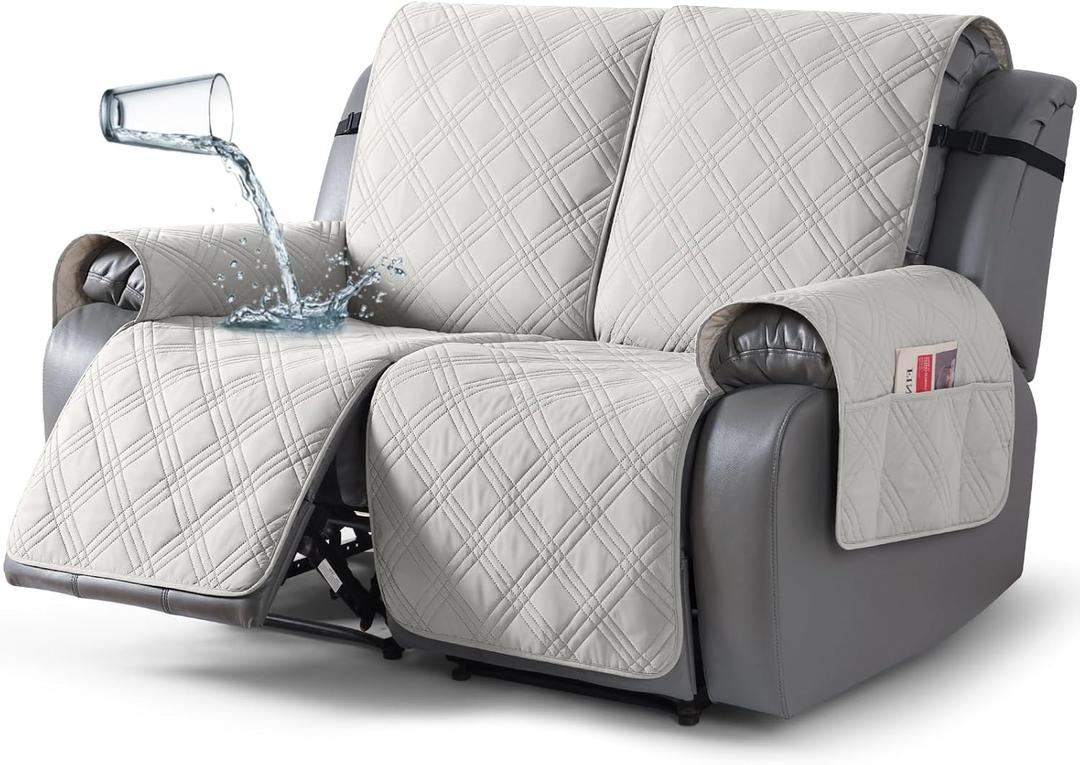 TAOCOCO 100% Waterproof Loveseat Recliner Cover with Straps, Split Loveseat Covers for Reclining loveseat, Non Slip Reclining Sofa Cover Furniture Protector for Kids, Pets(2 Seater, Off White)
