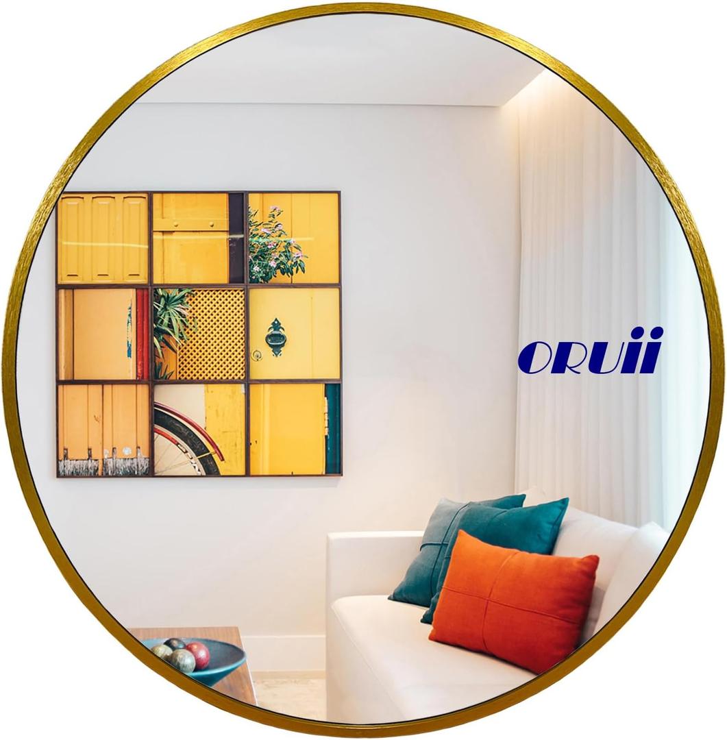 Gold Round Mirror 28 inch, Large Circle Mirror Gold Metal Frame, Golden Round Bathroom Mirrors, Circular Mirrors for Wall, Living Room, Dining Room, Entryway
