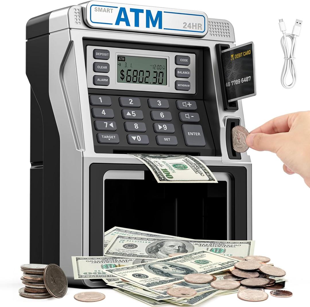 ATM Piggy Bank for Kids Rechargeable, PowerOff Memory for Real Money Safe with Debit Card, Coin Recognition,Bill Feeder,Balance Calculator, Kids ATM Machine for Boys Girls