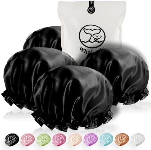 Extra Large Reusable Shower Cap for Men, Women (Black 3 Pack) Satin Double Layer EVA Waterproof Long Hair Cap