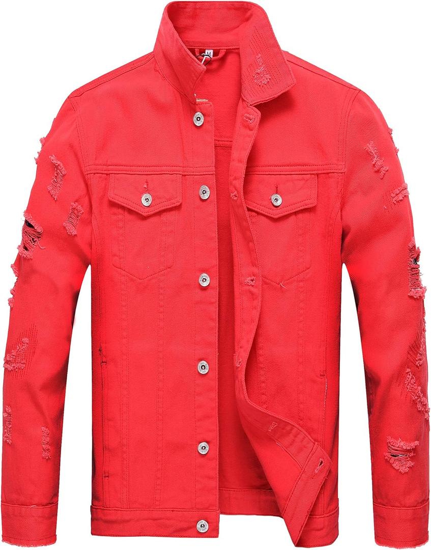 LZLER Men's Denim Jackets Distressed Destroyed Classic Vintage Slim Fit Ripped 2024 Fashion Trendy Trucker Jean Jackets (Red, Small) LZLER Men's Denim Jackets Distressed Destroyed Classic Vintage Slim Fit Ripped 2024 Fashion Trendy Trucker Jean Jackets (Red, Small)