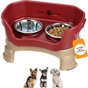 Neater Feeder Deluxe Mess Proof Dog Bowls Elevated for Small Breeds  Made in USA  No Spill Raised Dog Food Bowl Stand w/Leg Extensions  Stainless Steel Dog Food and Water Bowl Set  Red (Cranberry)