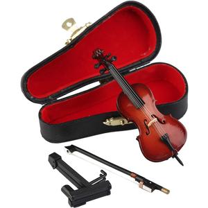 Wooden Miniature Cello with Stand, Bow and Case Mini Musical Instrument Cello Replica Collectible Figurines Dollhouse Accessories Model Home Decoration Display Ornament (3.94"x1.38"x0.43")