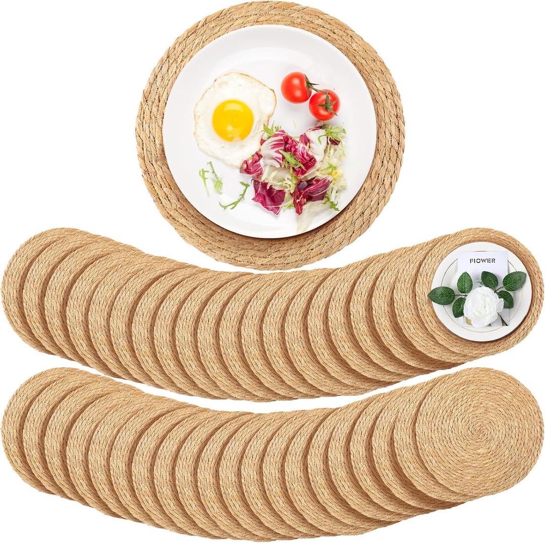 40 Pcs Round Woven Rattan Placemats, 13 Inch Rattan Placemats Natural Straw Hand Woven Farmhouse Round Place Mats for Dining Table Home Wedding Baby Shower Dinner