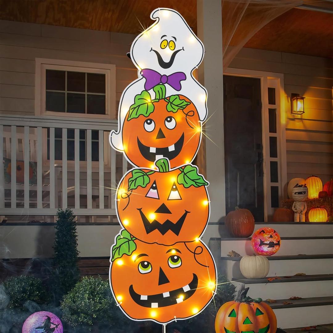 Halloween Outdoor Decorations, 38 Inches Garden Stakes Including 3 Pumpkins and 1 Ghost, Wonderful Pre-lit Decor for Outside Garden Lawn Patio Halloween Party