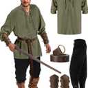 Jiuguva 4 Pcs Halloween Men's Renaissance Costume Set Medieval Pirate Shirt Ankle Banded Pants Viking Belt Accessories (Large, Vivid Color)