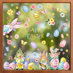2 x ZAWE 9 Sheets Happy Easter Gnomes Bunny Ears Eggs Flowers Easter Window Clings Double-Sided Reusable Static Window Decals Stickers for Party Home Classroom Office Decorations